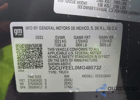 2021 Chevrolet Silverado 1500 z USA, uszkodzony, nr VIN 3GCUYEEL0MG480732